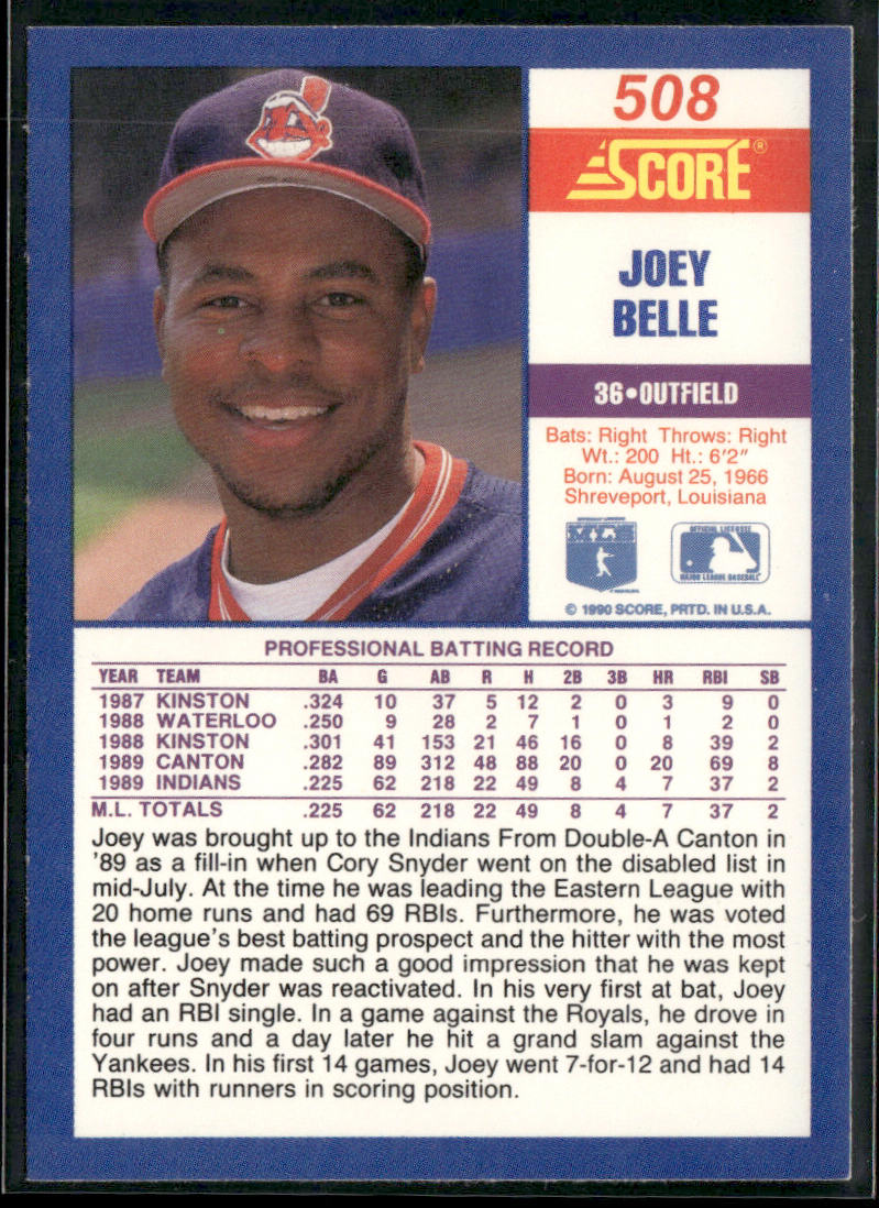 Joey Belle 1990 Score #508 Cleveland Indians back