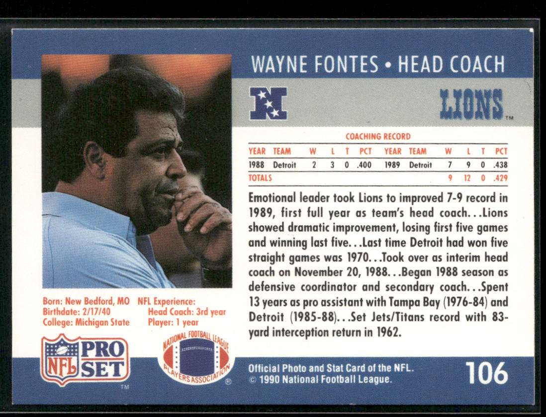 Wayne Fontes 1990 Pro Set #106 Detroit Lions