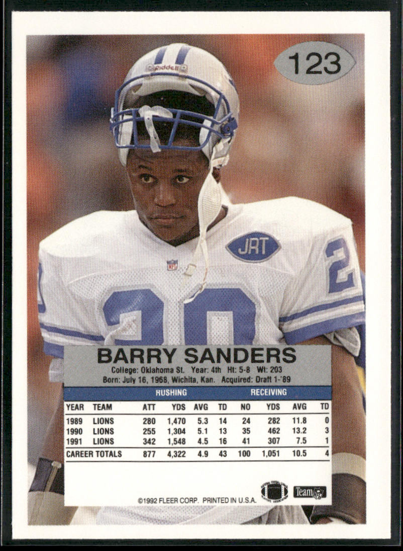Barry Sanders 1992 Fleer #123 Detroit Lions back