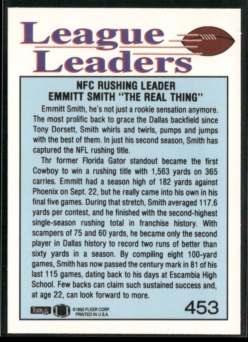 Emmitt Smith 1992 Fleer #453 Dallas Cowboys back