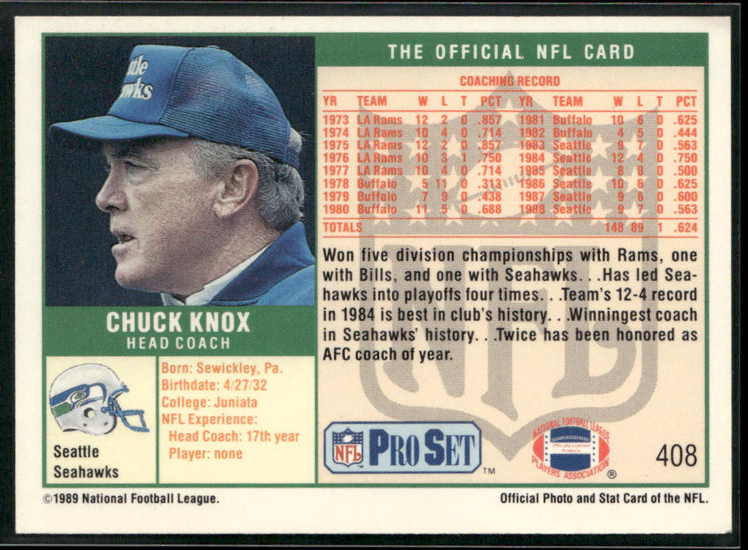 Chuck Knox 1989 Pro Set #408 Seattle Seahawks