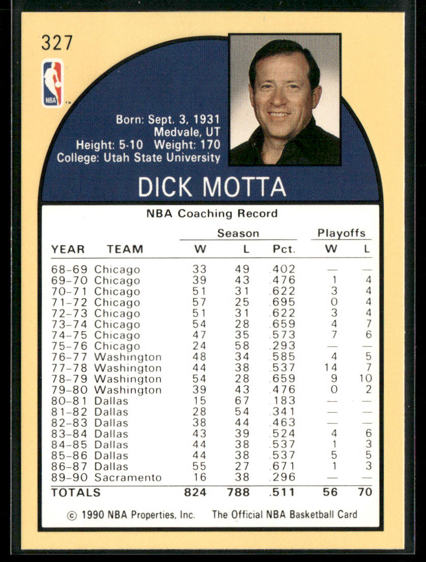 Dick Motta 1990-91 Hoops #327 RC Sacramento Kings
