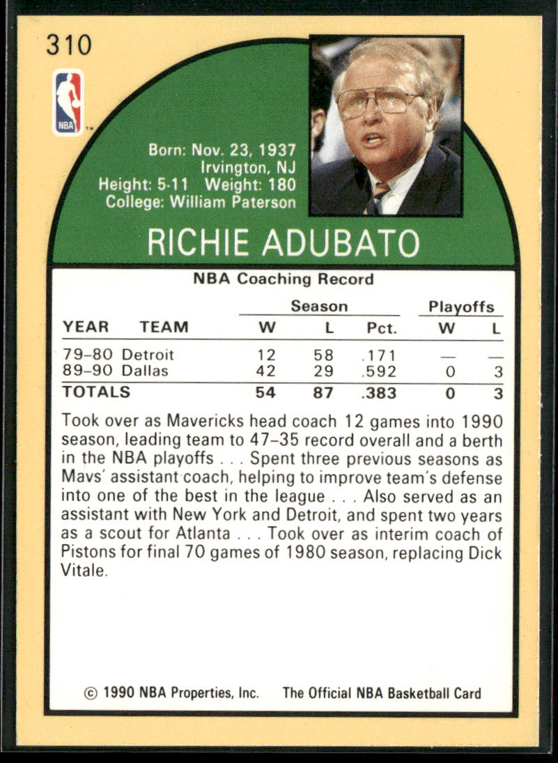 Richie Adubato 1990-91 Hoops #310 Dallas Mavericks
