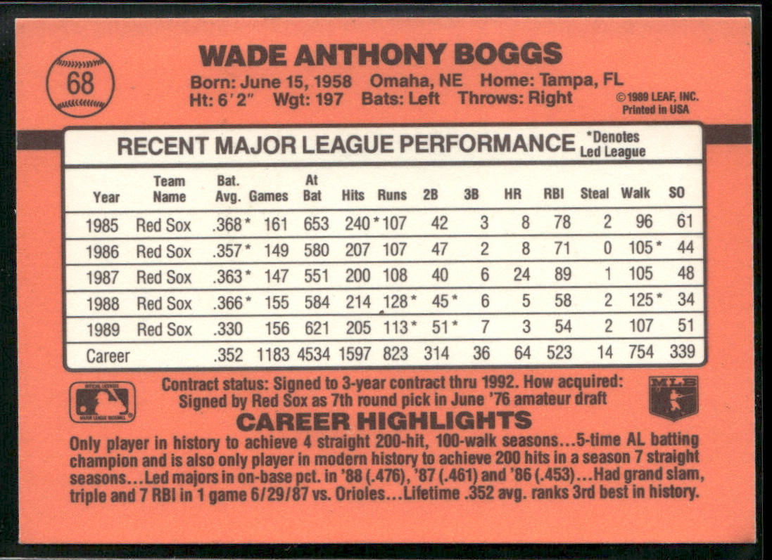 Wade Boggs 1990 Donruss #68b Boston Red Sox