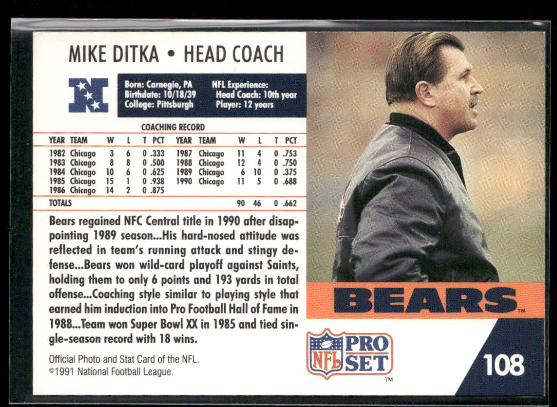 Mike Ditka 1991 Pro Set #108 Chicago Bears back