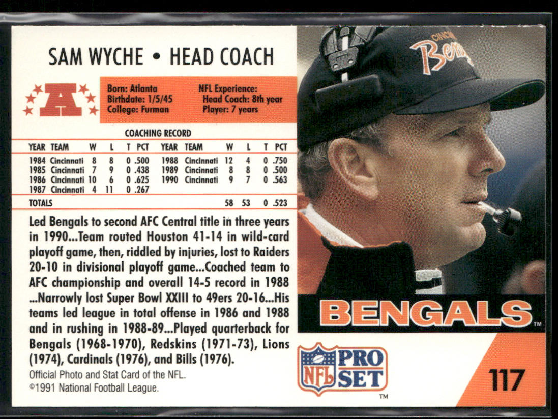 Sam Wyche 1991 Pro Set #117 Cincinnati Bengals back