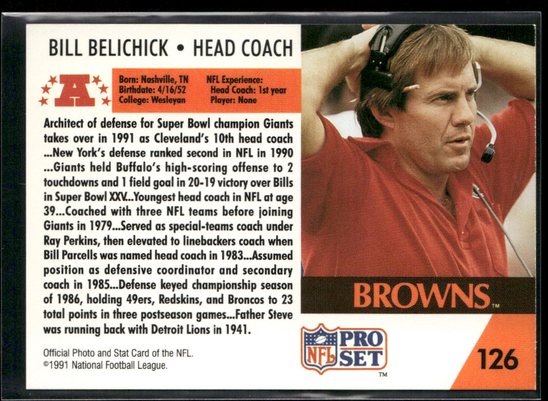 Bill Belichick 1991 Pro Set #126 Cleveland Browns back