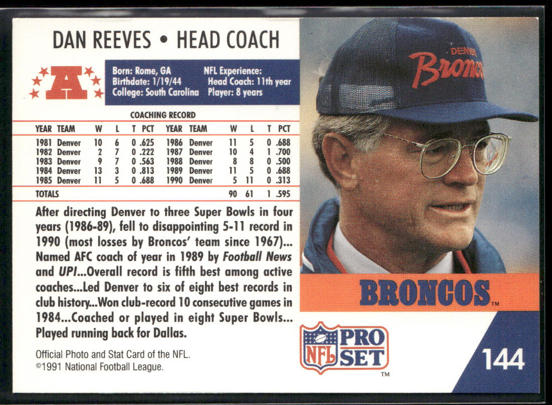 Dan Reeves 1991 Pro Set #144 Denver Broncos back