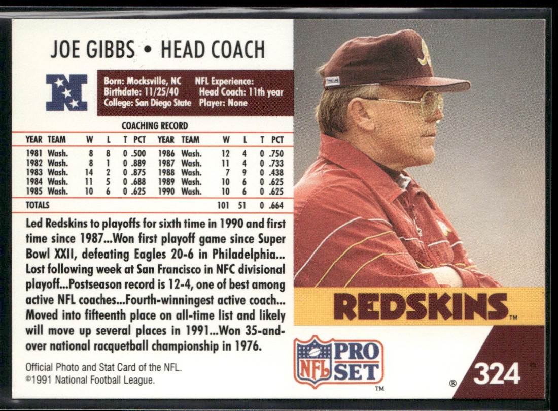 Joe Gibbs 1991 Pro Set #324 Washington Redskins back