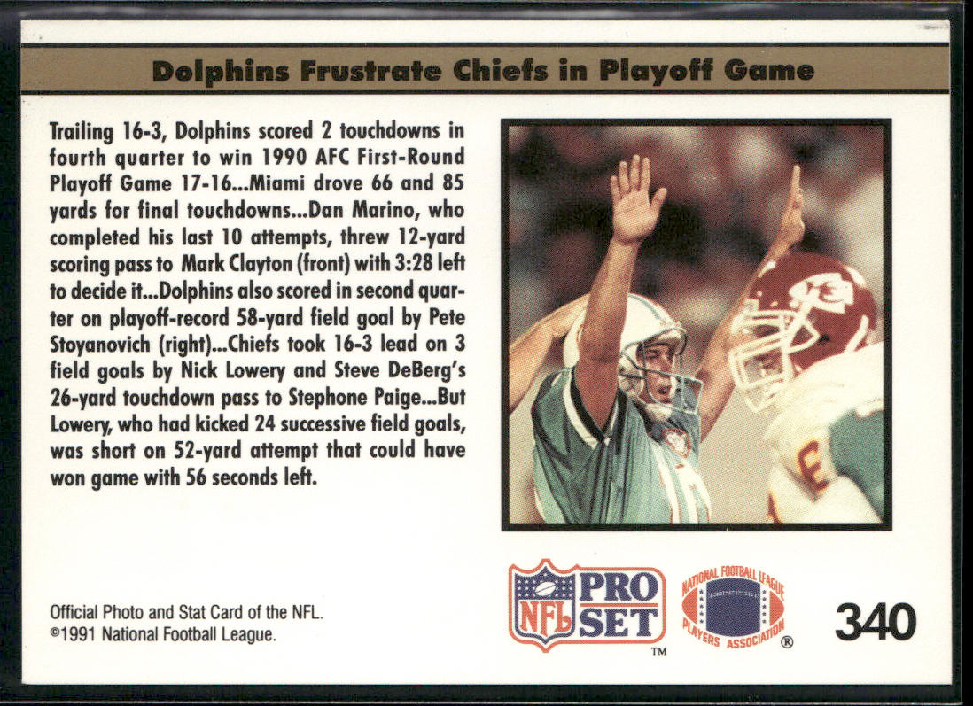 Marino, Miami Rally To Win 1991 Pro Set #340a Miami Dolphins