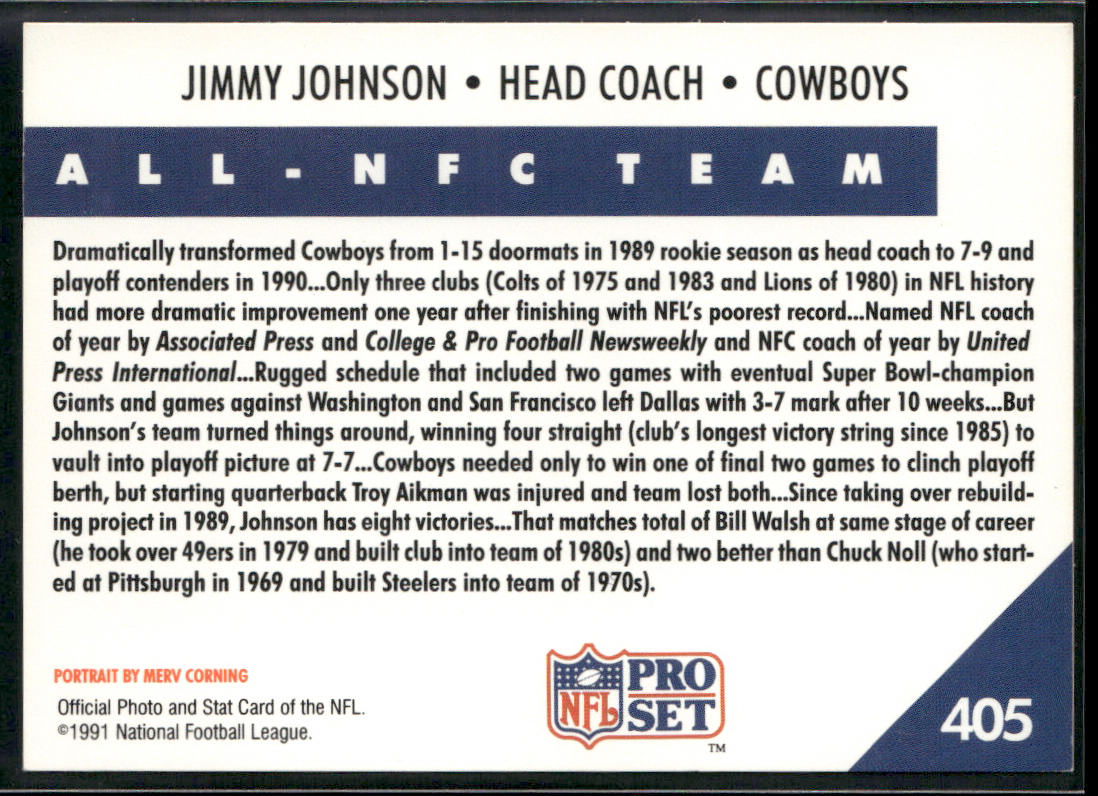 Jimmy Johnson 1991 Pro Set #405 Dallas Cowboys back