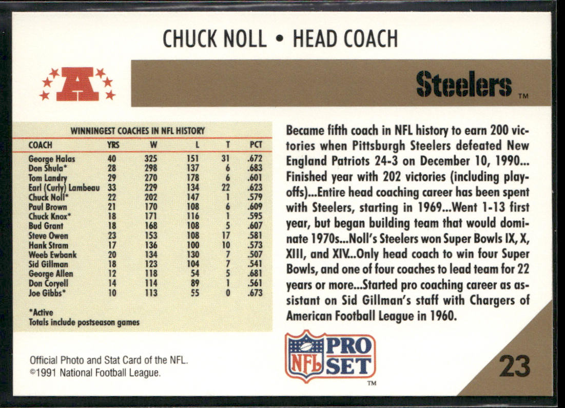 Chuck Noll 1991 Pro Set #23 Pittsburgh Steelers back