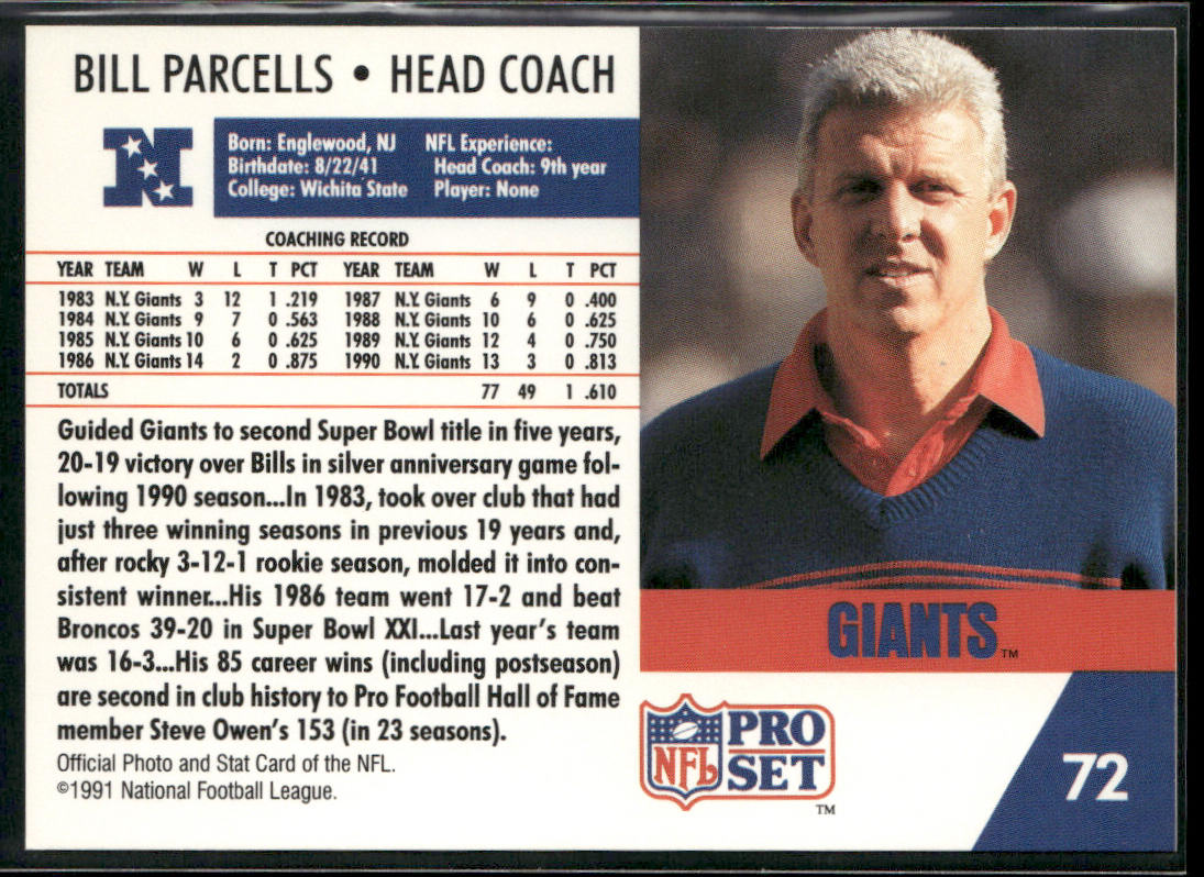 Bill Parcells 1991 Pro Set #72 New York Giants back
