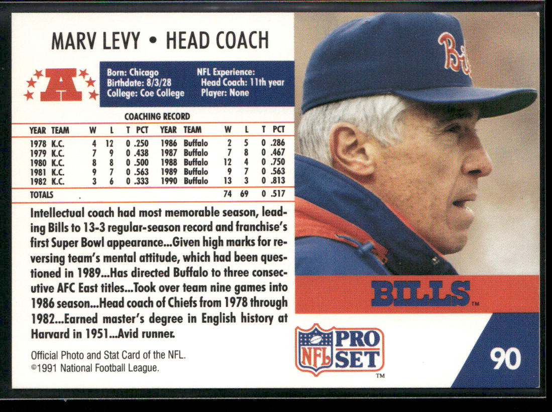 Marv Levy 1991 Pro Set #90 Buffalo Bills back