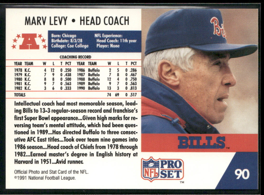 Marv Levy 1991 Pro Set #90 Buffalo Bills back