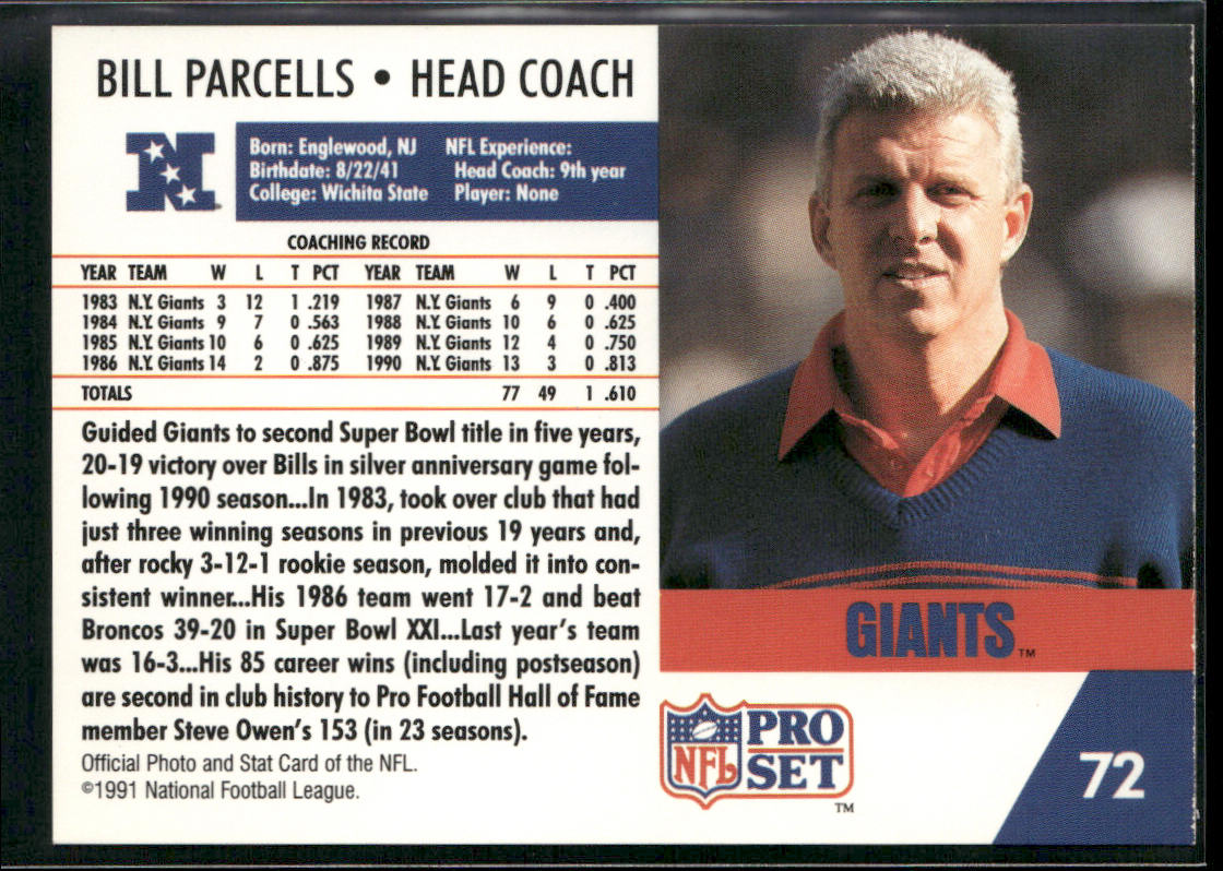 Bill Parcells 1991 Pro Set #72 New York Giants back