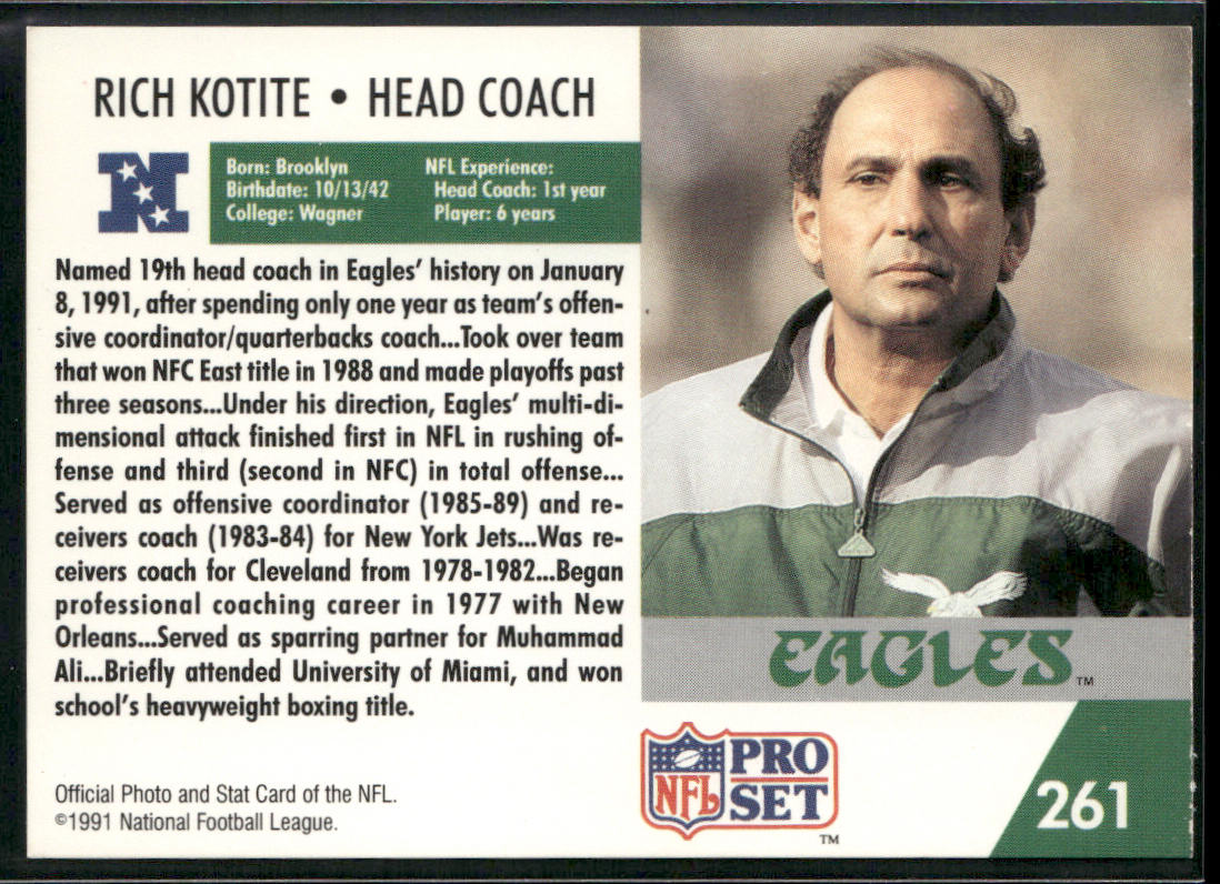 Rich Kotite 1991 Pro Set #261 Philadelphia Eagles back