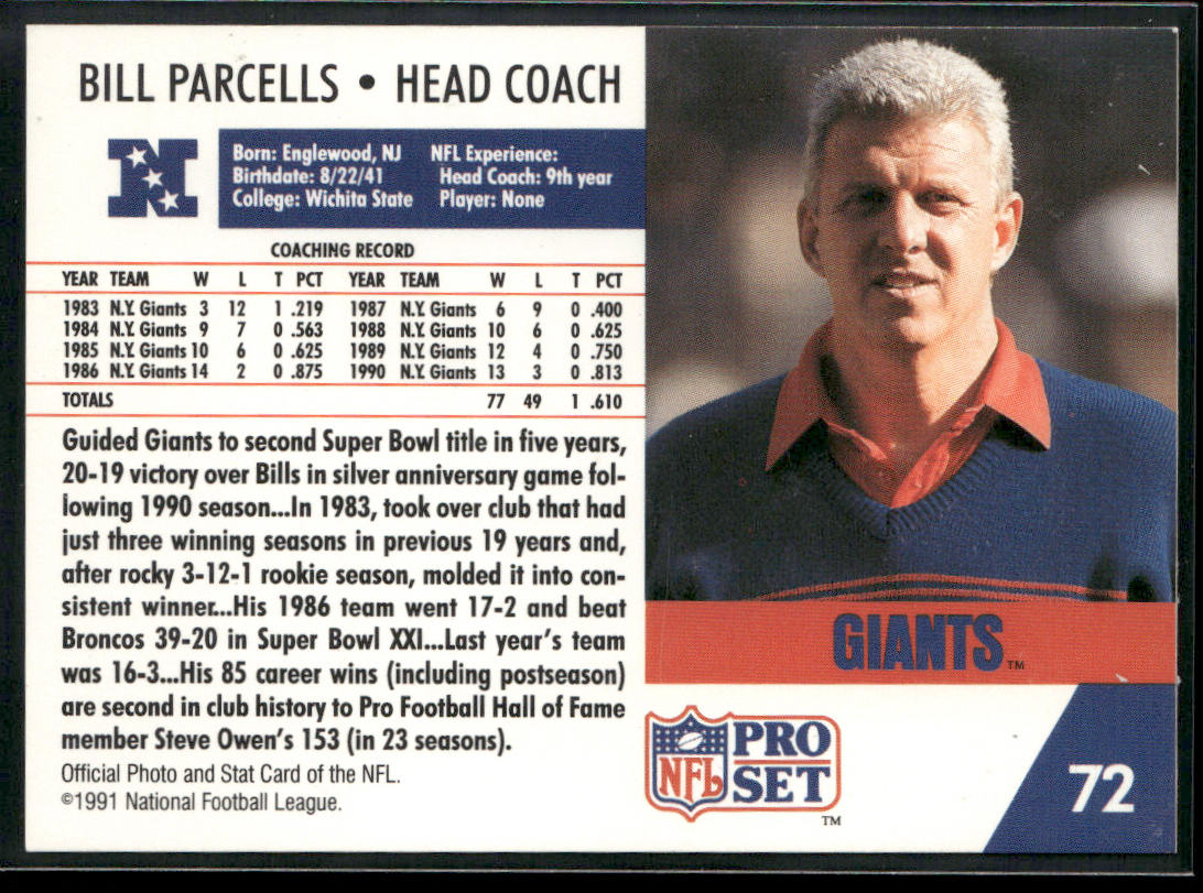 Bill Parcells 1991 Pro Set #72 New York Giants back