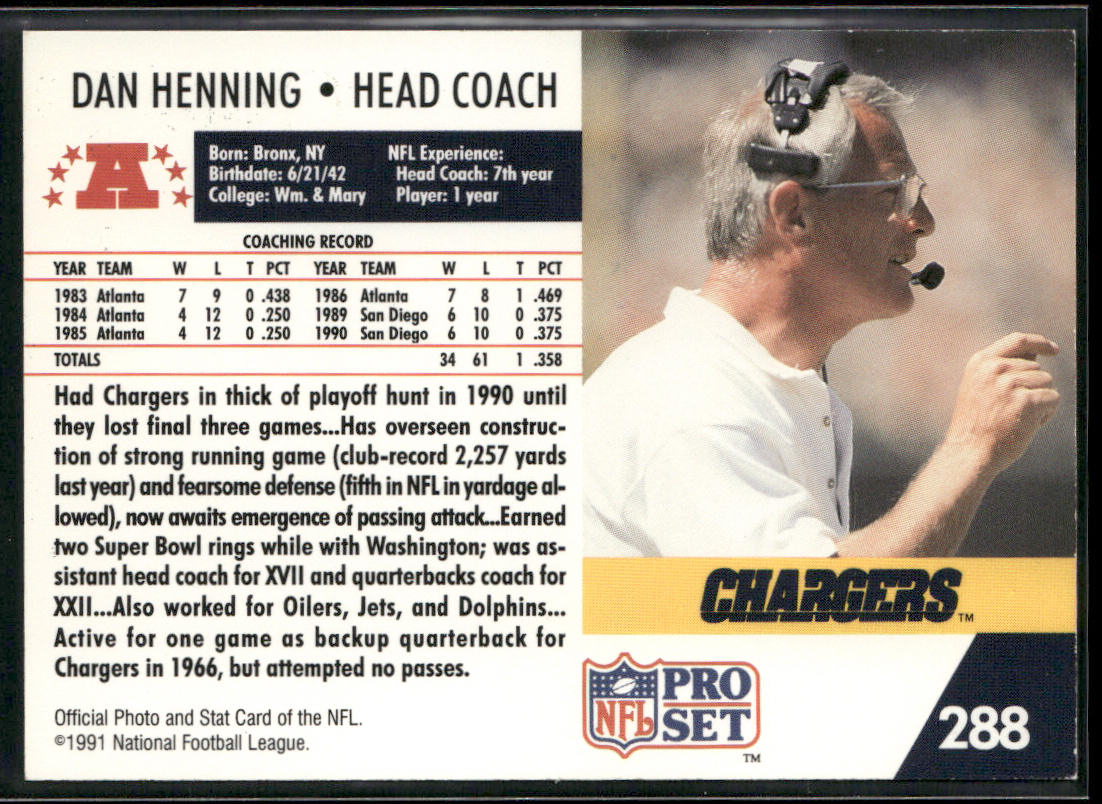 Dan Henning 1991 Pro Set #288 San Diego Chargers back
