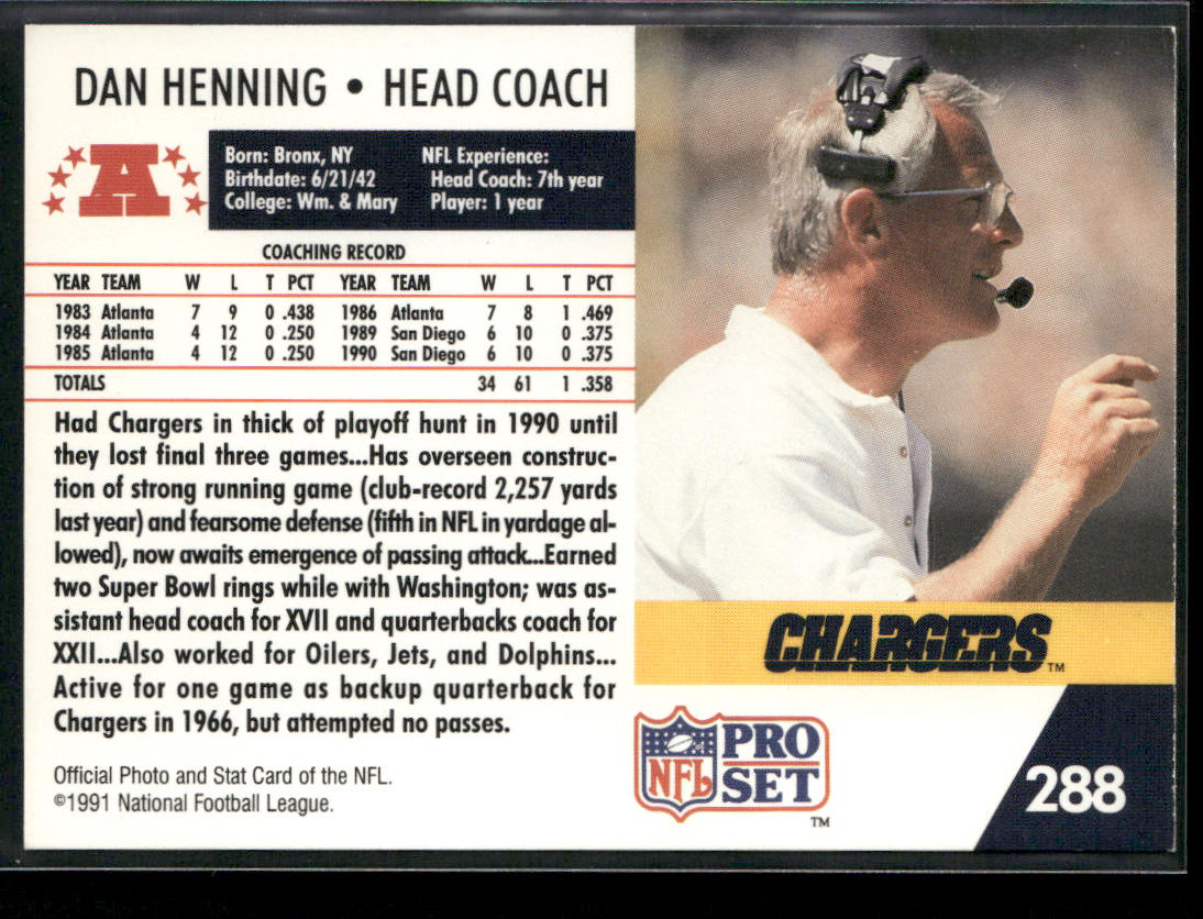 Dan Henning 1991 Pro Set #288 San Diego Chargers back