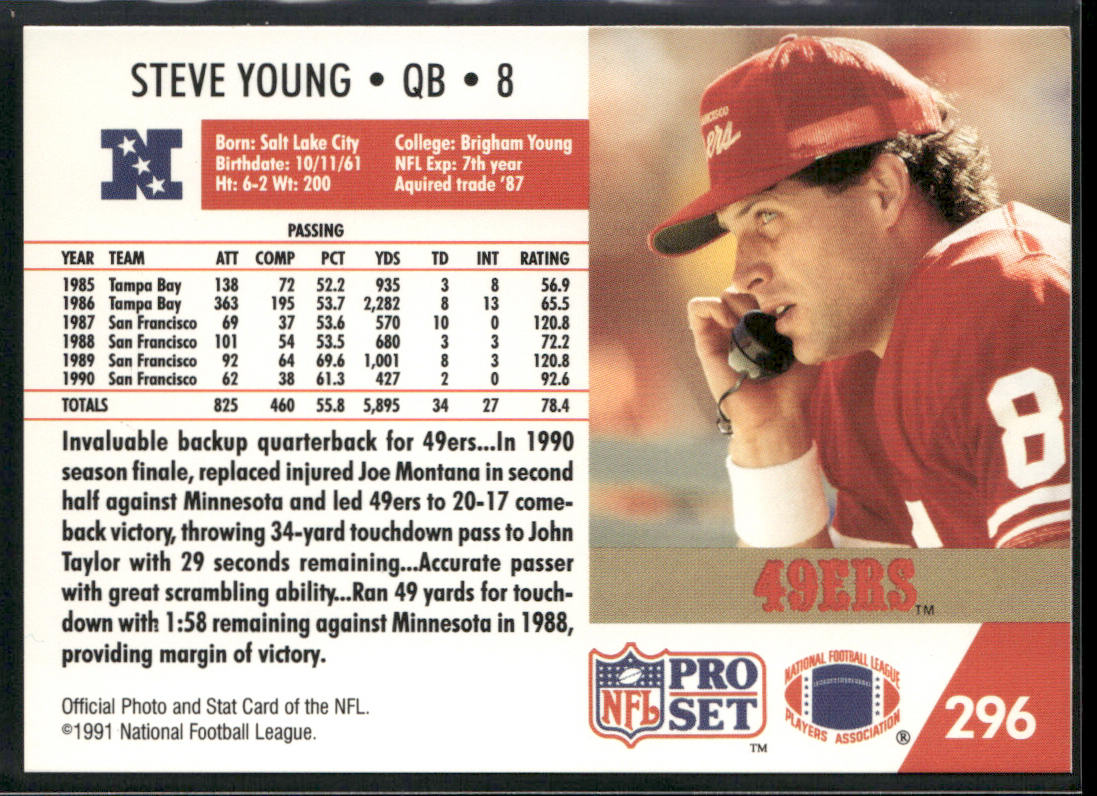Steve Young 1991 Pro Set #296 San Francisco 49ers back