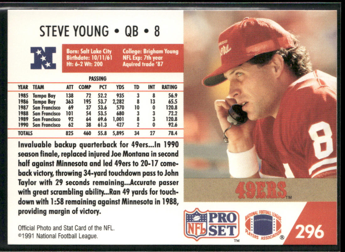 Steve Young 1991 Pro Set #296 San Francisco 49ers back
