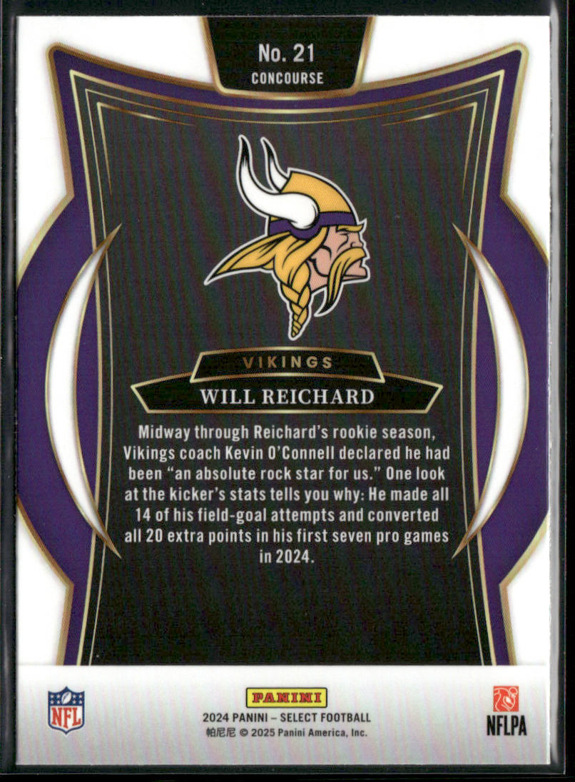 Will Reichard 2024 Panini Select #21 Minnesota Vikings back