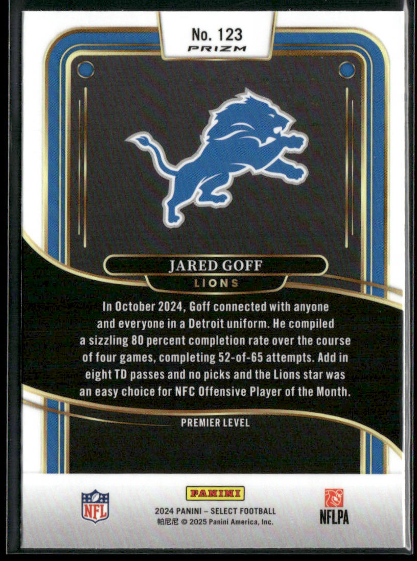 Jared Goff 2024 Panini Select Red & Yellow Prizm Shock #123 Detroit Lions