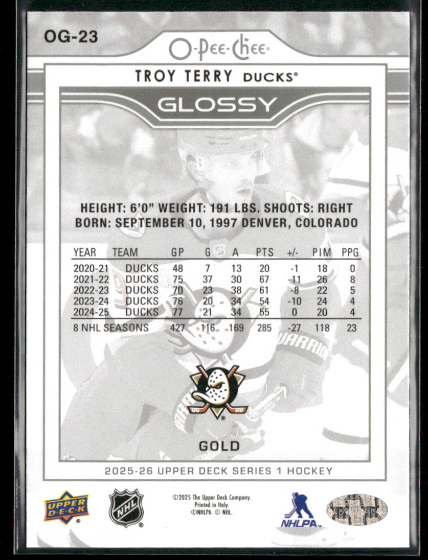Troy Terry 2025-26 Upper Deck O-Pee-Chee Glossy Gold #OG-23 Anaheim Ducks
