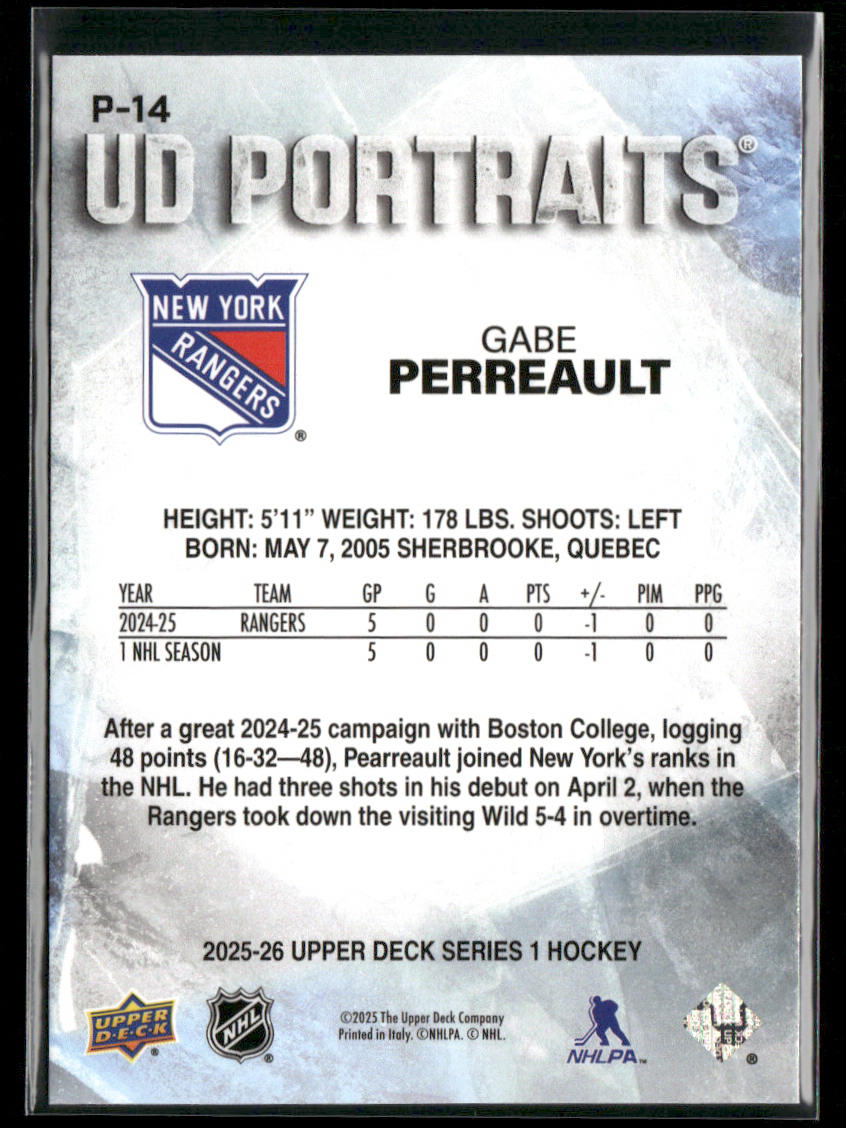 Gabe Perreault 2025-26 Upper Deck UD Portraits #P-14 New York Rangers