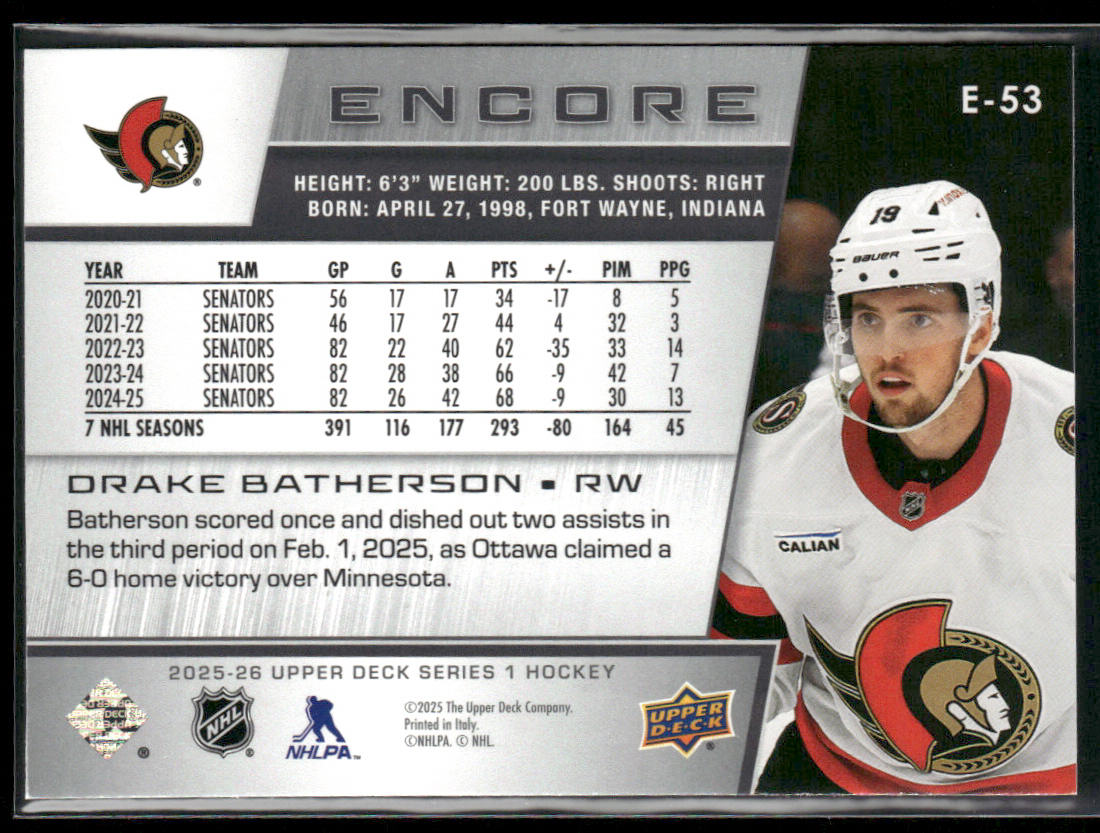 Drake Batherson 2025-26 Upper Deck Encore #E-53 Ottawa Senators