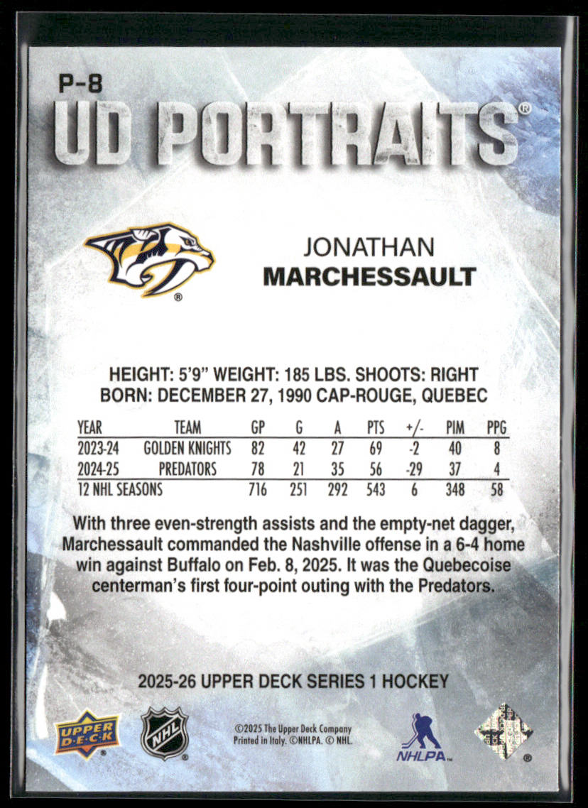 Jonathan Marchessault 2025-26 Upper Deck UD Portraits #P-8 Nashville Predators