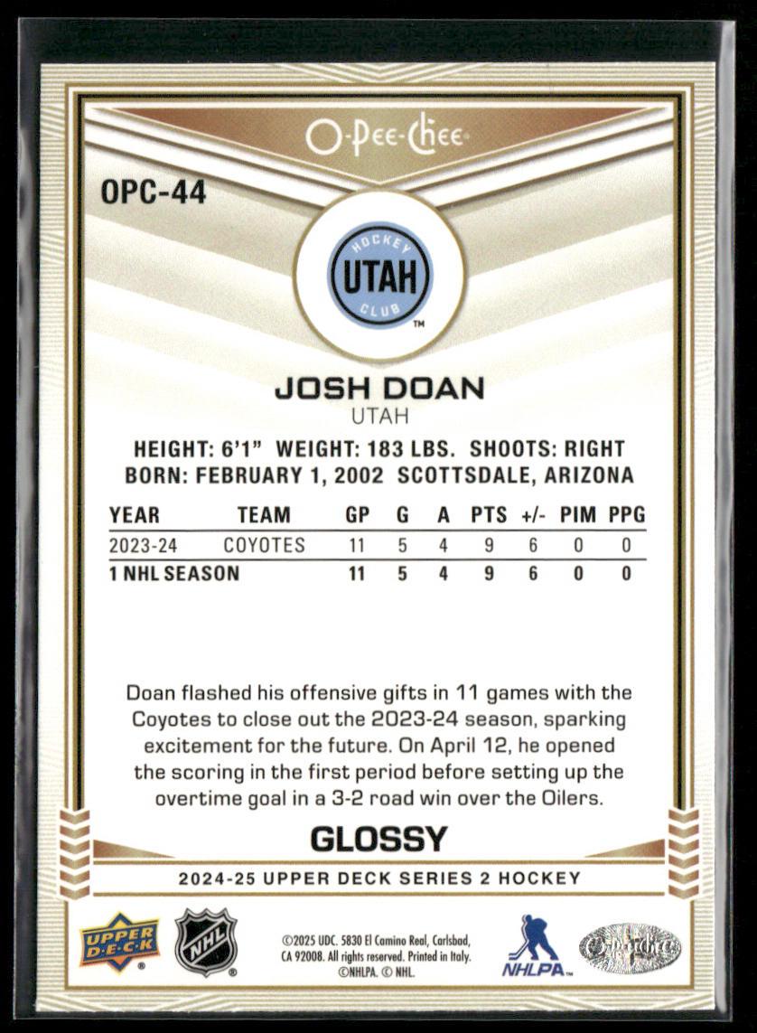 Josh Doan 2024-25 Upper Deck O-Pee-Chee Glossy #OPC-44 Utah Hockey Club back