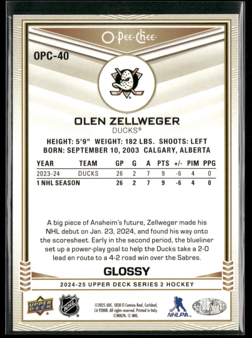 Olen Zellweger 2024-25 Upper Deck O-Pee-Chee Glossy #OPC-40 Anaheim Ducks
