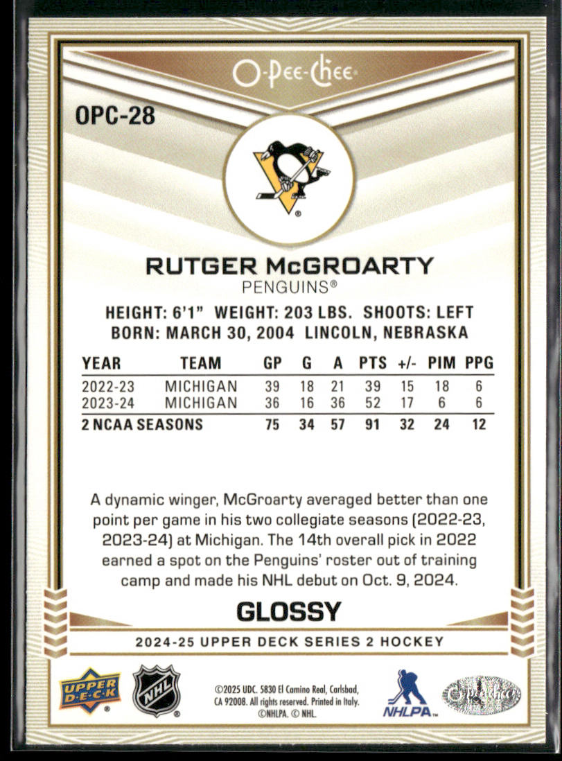 Rutger McGroarty 2024-25 Upper Deck O-Pee-Chee Glossy Gold #OPC-28 Penguins