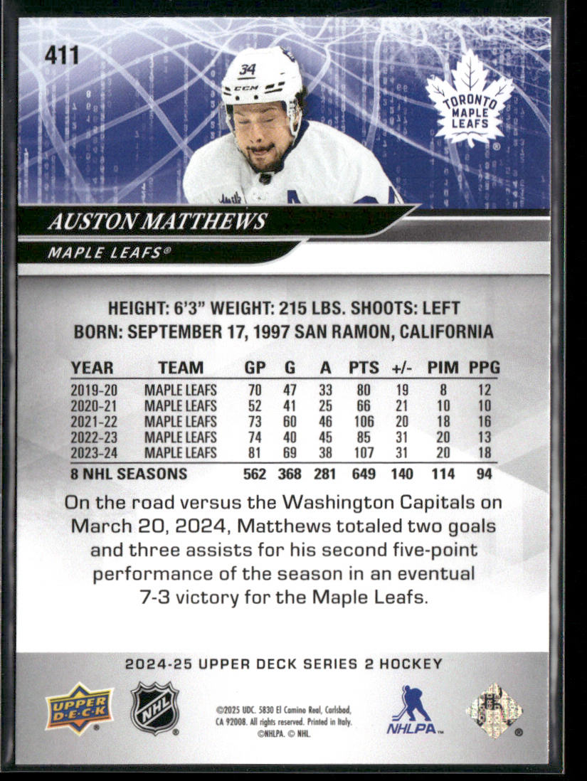 Auston Matthews 2024-25 Upper Deck #411 Toronto Maple Leafs