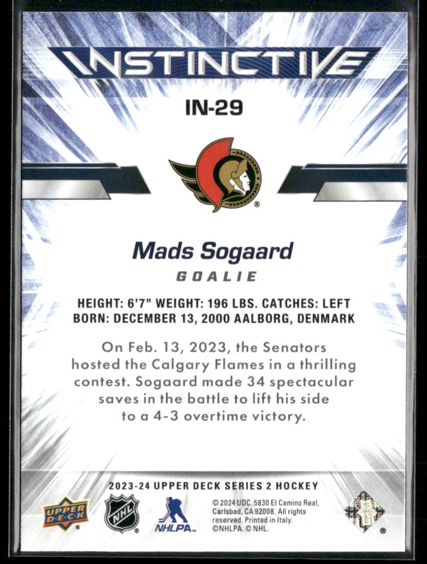 Mads Sogaard 2023-24 Upper Deck Instinctive #IN-29 Ottawa Senators
