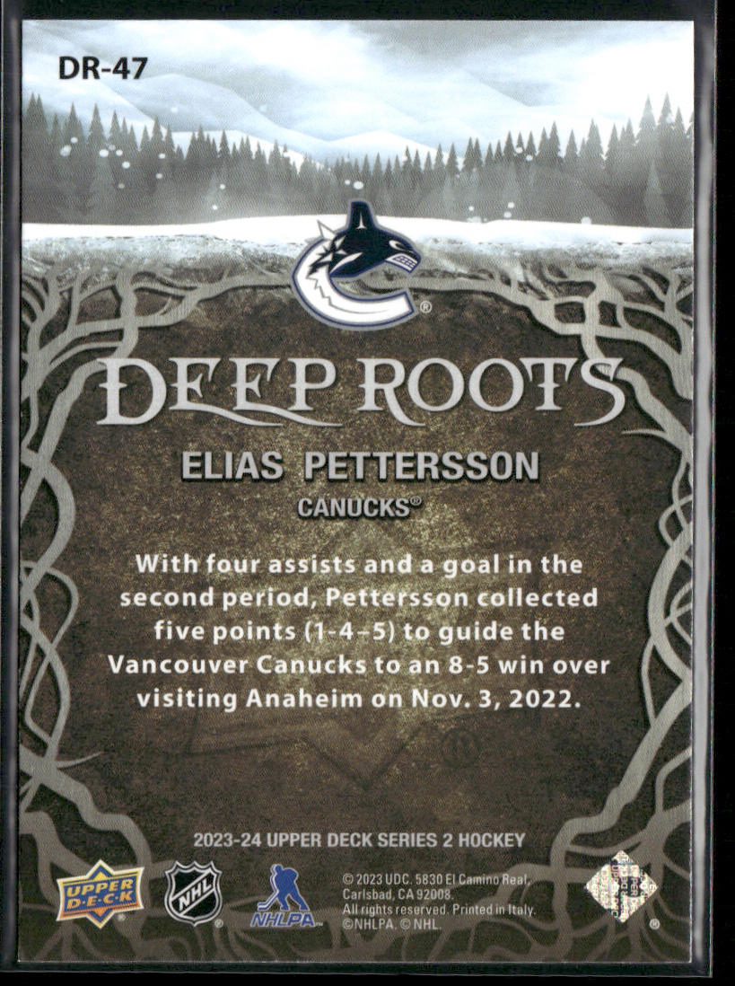 Elias Pettersson 2023-24 Upper Deck Deep Roots Purple #DR-47 Vancouver Canucks