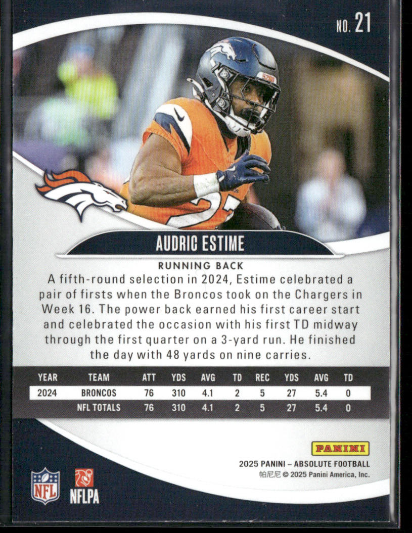 Audric Estime 2025 Panini Absolute Retail #21 Denver Broncos