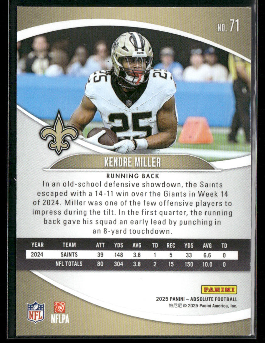 Kendre Miller 2025 Panini Absolute Retail #71 New Orleans Saints