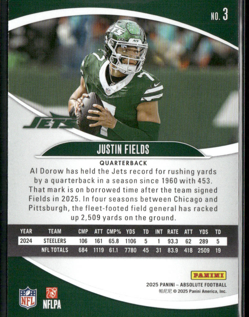 Justin Fields 2025 Panini Absolute Retail #3 New York Jets back