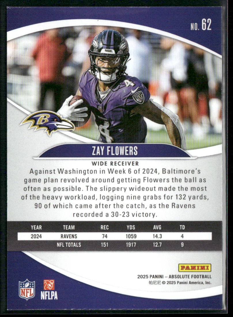 Zay Flowers 2025 Panini Absolute Retail #62 Baltimore Ravens back