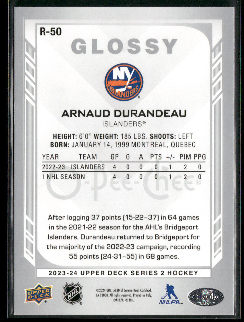 Arnaud Durandeau 2023-24 Upper Deck O-Pee-Chee Glossy #R-50 New York Islanders back