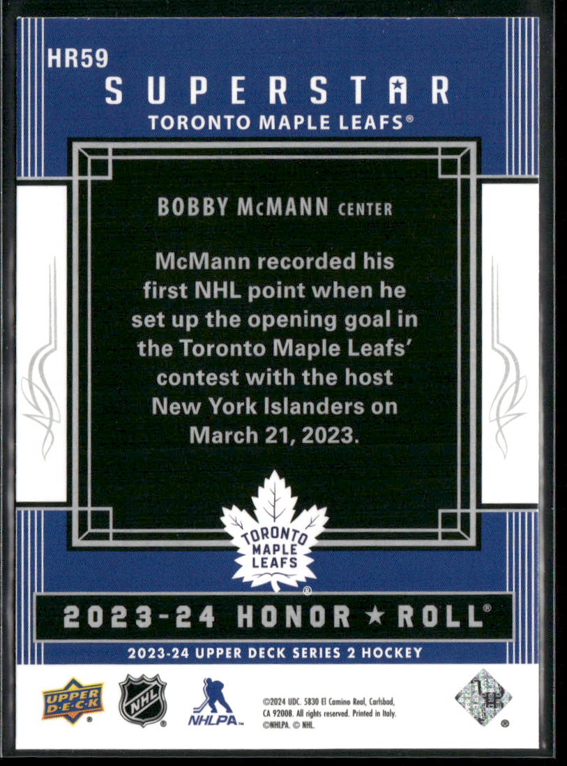 Bobby McMann 2023-24 Upper Deck Honor Roll #HR59 Toronto Maple Leafs