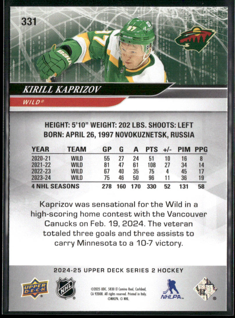 Kirill Kaprizov 2024-25 Upper Deck #331 Minnesota Wild
