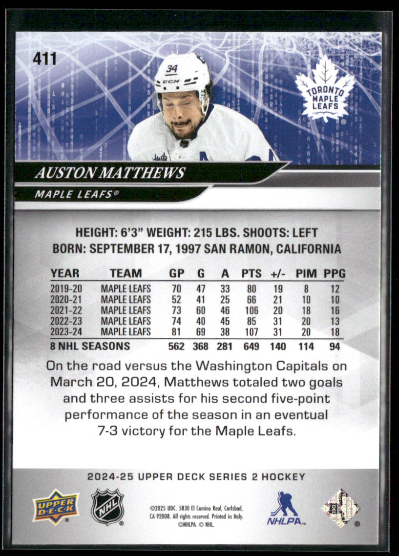 Auston Matthews 2024-25 Upper Deck #411 Toronto Maple Leafs back