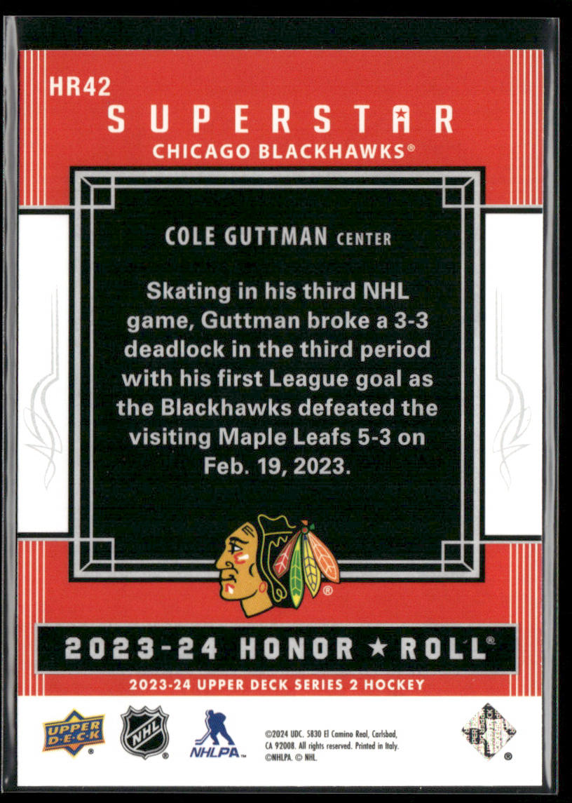 Cole Guttman 2023-24 Upper Deck Honor Roll #HR42 Chicago Blackhawks back