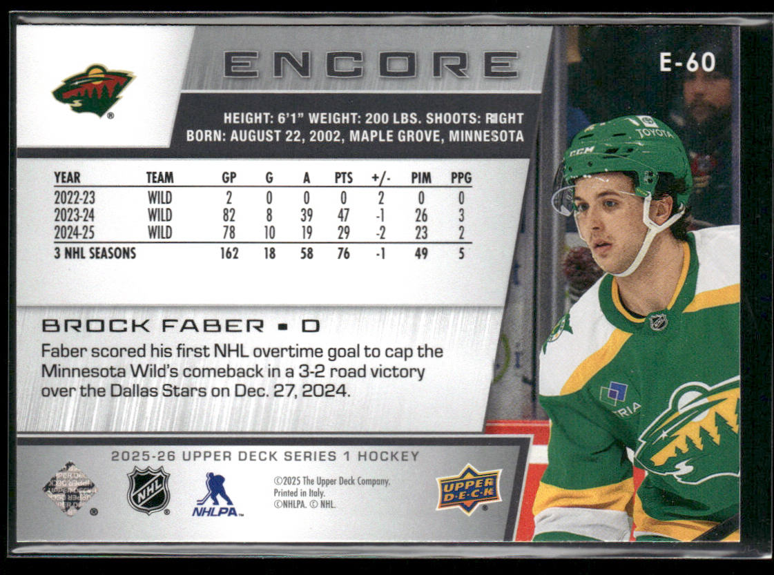 Brock Faber 2025-26 Upper Deck Encore #E-60 Minnesota Wild