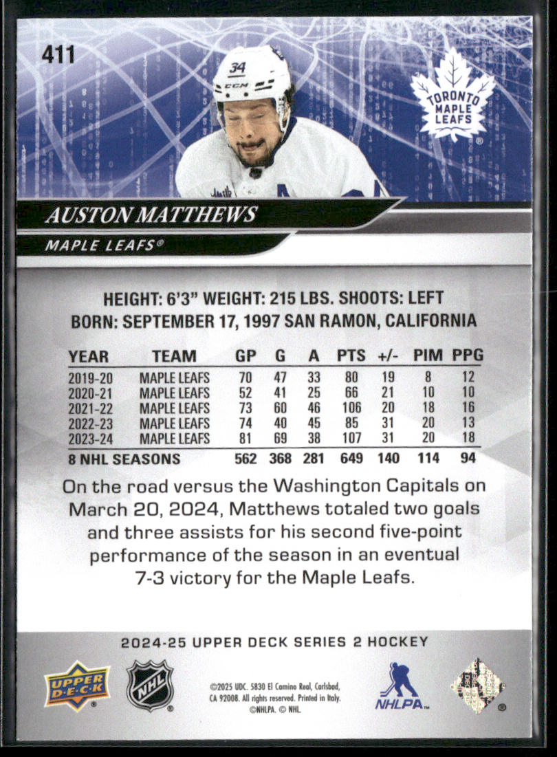 Auston Matthews 2024-25 Upper Deck #411 Toronto Maple Leafs back