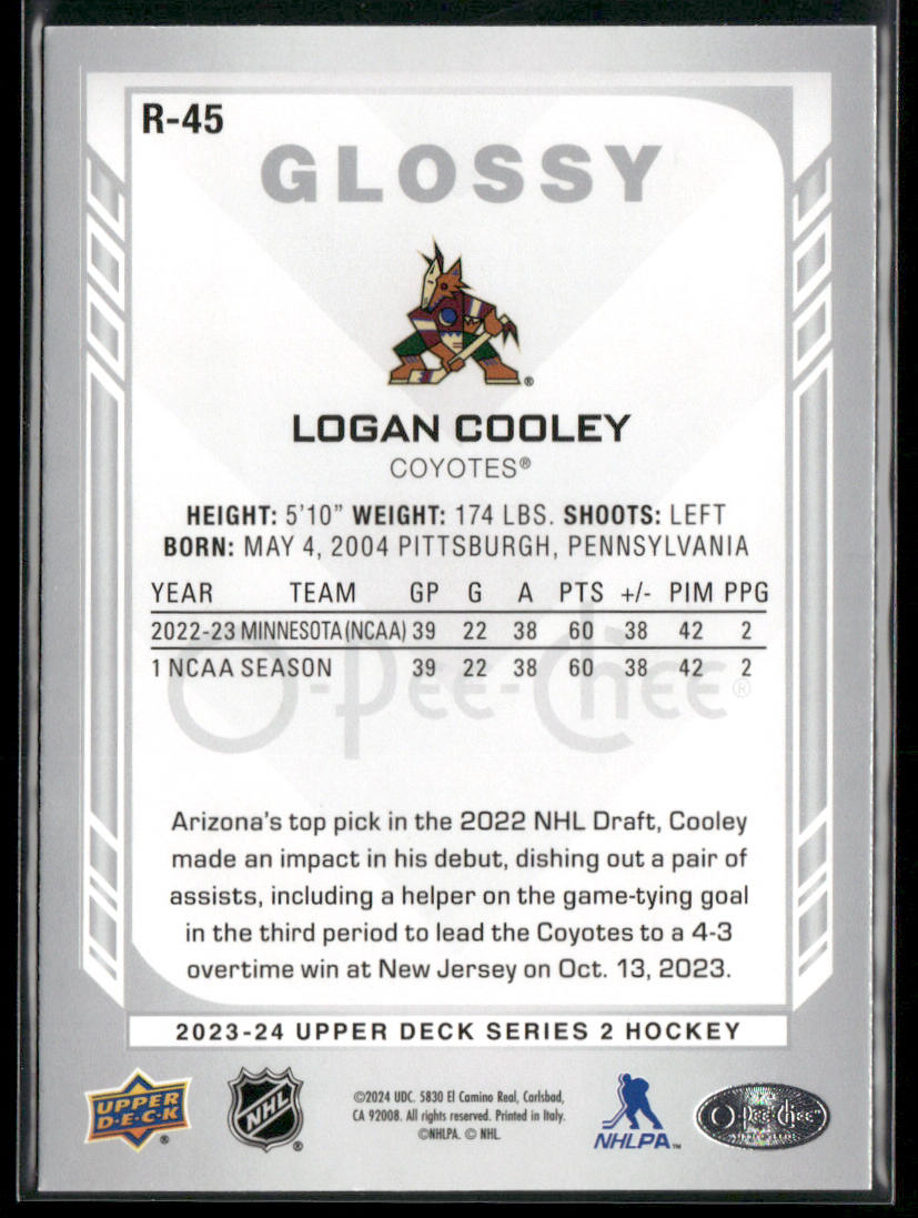 Logan Cooley 2023-24 Upper Deck O-Pee-Chee Glossy #R-45 Arizona Coyotes back